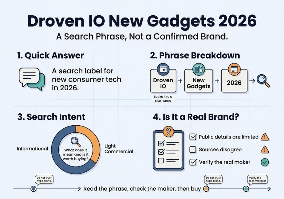A landscape flat-design infographic titled "Droven IO New Gadgets 2026" with the subtitle "A Search Phrase, Not a Confirmed Brand," presented in navy, teal, orange, and gray tones.