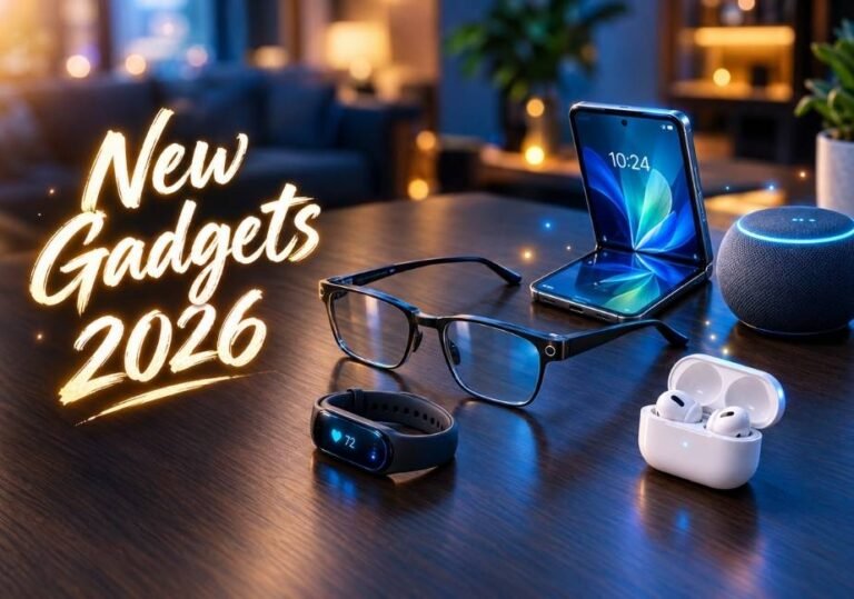 New Gadgets 2026 displayed on a modern walnut desk, featuring smart glasses, a foldable phone, fitness band, wireless earbuds, and a smart speaker with blue and warm lighting.