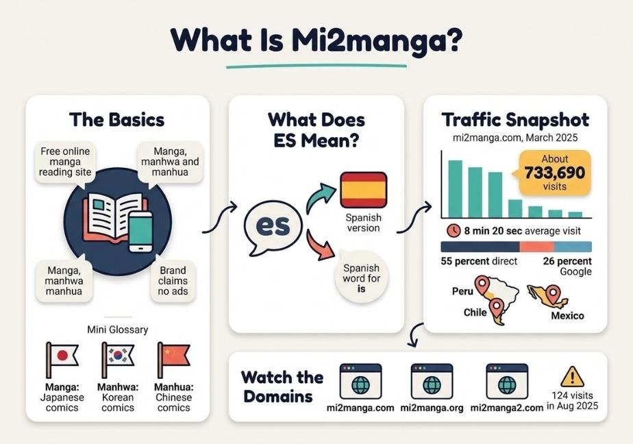 Infographic titled "What Is Mi2manga?" outlining website basics, Spanish language details, domain variations, and March 2025 traffic statistics.