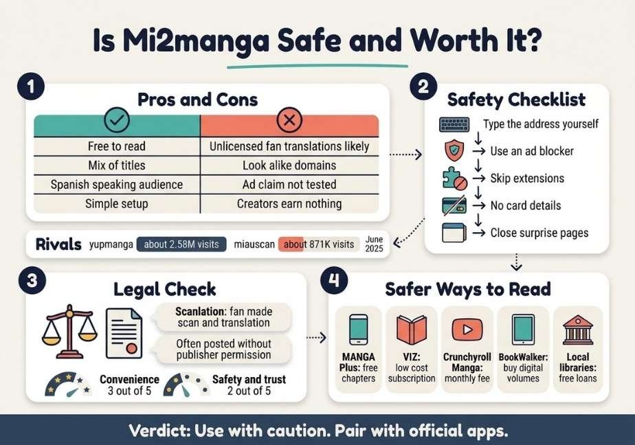 Infographic titled "Is Mi2manga Safe and Worth It?" featuring pros and cons, a safety checklist, legal details, and safer official reading alternatives.