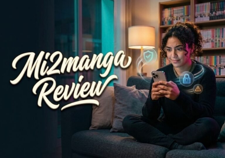 A young woman holding a smartphone with cybersecurity glow icons floating near her, next to large text reading "Mi2manga Review."