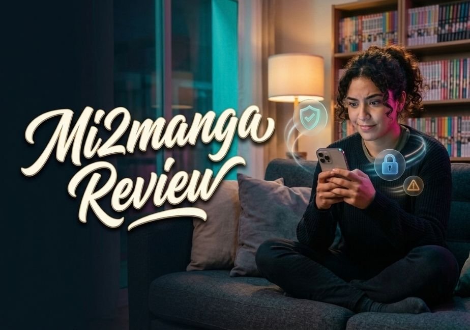 A young woman holding a smartphone with cybersecurity glow icons floating near her, next to large text reading "Mi2manga Review."