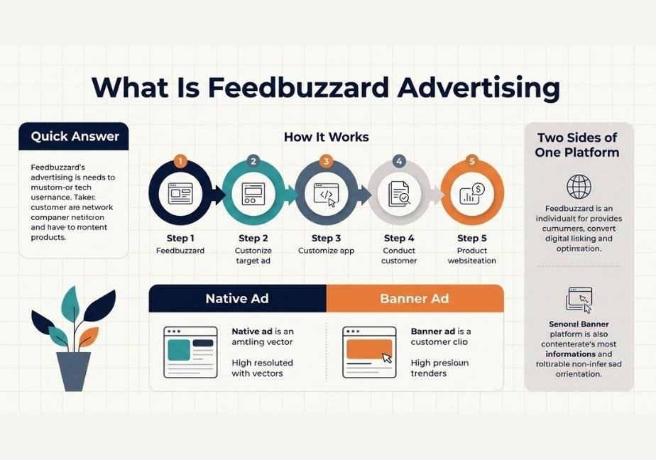 Flat design infographic titled "What Is Feedbuzzard Advertising?" featuring a quick answer box, workflow steps, and native ad mockup.
