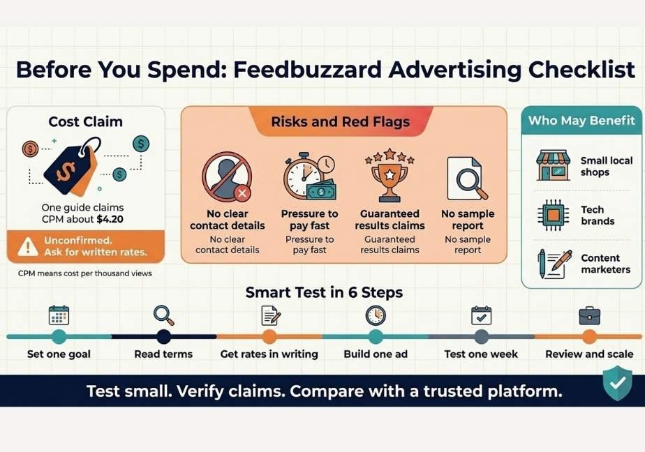 Infographic checklist titled "Before You Spend: Feedbuzzard Advertising Checklist" outlining cost claims, red flags, user categories, and a 6-step testing process.