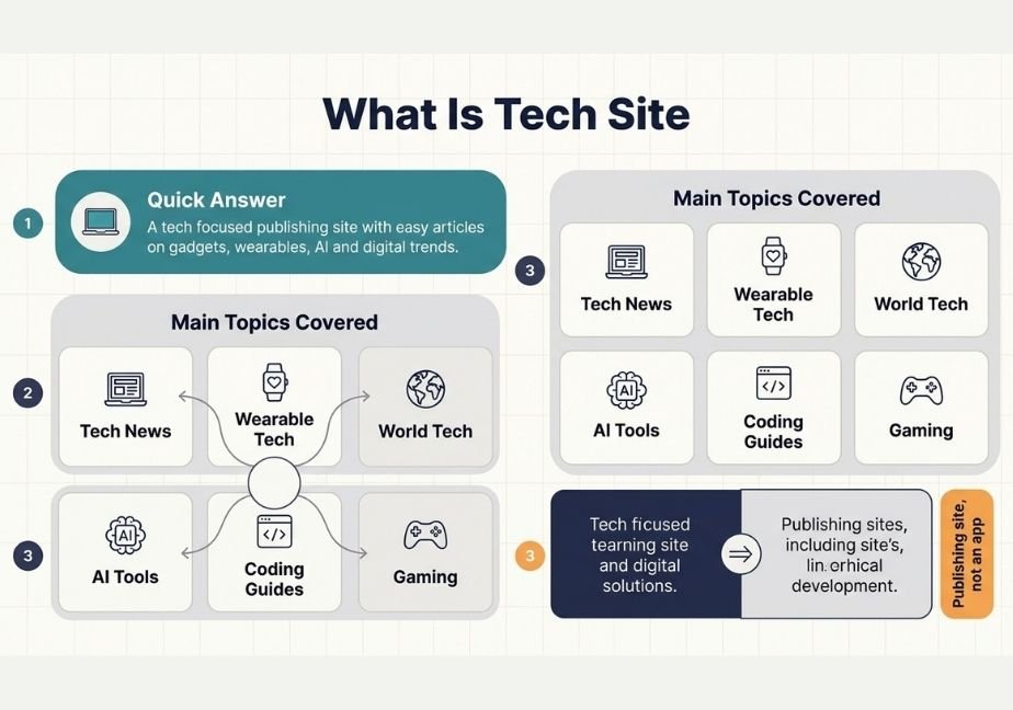 A modern flat design infographic on a light grid background titled "What Is Tech Site". It is divided into numbered sections: Section 1 features a teal "Quick Answer" card explaining tech publishing topics with a laptop icon. Section 2 displays "Main Topics Covered" with icons and labels for Tech News, Wearable Tech, World Tech, AI Tools, Coding Guides, and Gaming connected to a central node. Section 3 shows a comparison panel detailing site focus and publishing details.