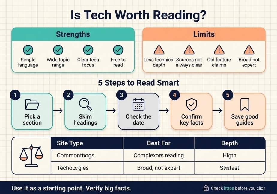 A modern flat vector infographic with an off-white grid background titled "Is Tech Worth Reading?". Section 1 compares "Strengths" in a teal card (Simple language, Wide topic range, Clear tech focus, Free to read) with "Limits" in an orange card (Less technical depth, Sources not always clear, Old feature claims, Broad not expert). Section 2 shows a 5-step horizontal process titled "5 Steps to Read Smart" with icons for picking a section, skimming headings, checking dates, confirming facts, and saving guides. Section 3 includes a comparison table with a balance scale icon and a footer banner advising to verify big facts and check HTTPS URLs.