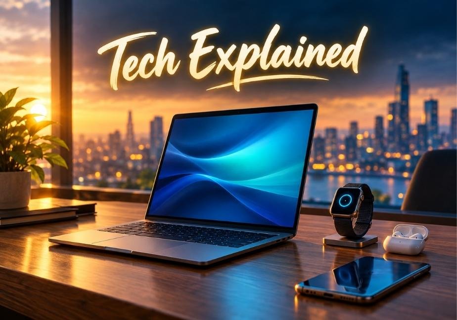A wooden desk setup in front of a high-rise city view at sunset, with luminous glowing text floating above that reads "Tech Explained". On the desk sits an open modern laptop with a blue abstract wallpaper, a smartwatch on a charging stand, a pair of wireless earbuds in an open charging case, a smartphone, books, and a potted plant bathed in warm golden light.