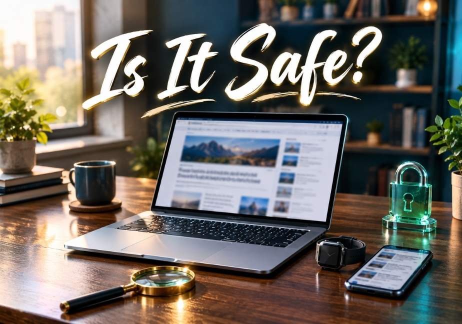 A modern laptop on a wooden desk with a magnifying glass, smartwatch, smartphone, and glowing green padlock, with the text “Is It Safe?” above.