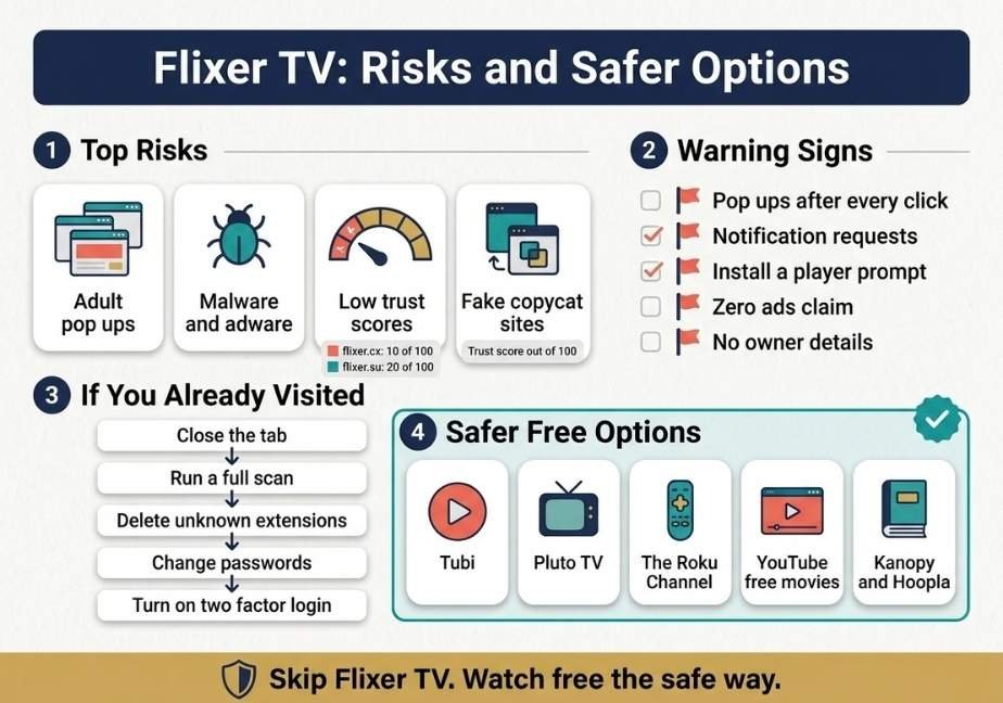 "An infographic titled 'Flixer TV: Risks and Safer Options' detailing security risks, warning signs, safety steps, and legal streaming alternatives."