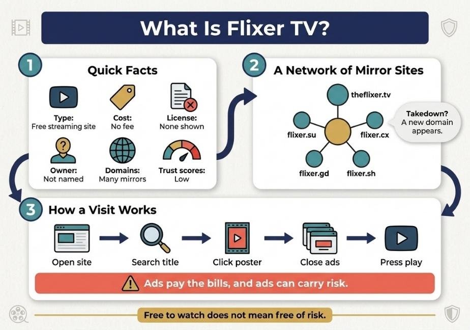 "An infographic titled 'What Is Flixer TV?' explaining quick facts, domain mirror networks, site user steps, and security risks."