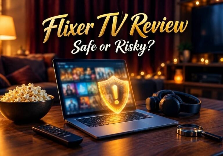 "A photorealistic review banner featuring a glowing laptop with an amber warning shield on a desk, titled 'Flixer TV Review: Safe or Risky?'"