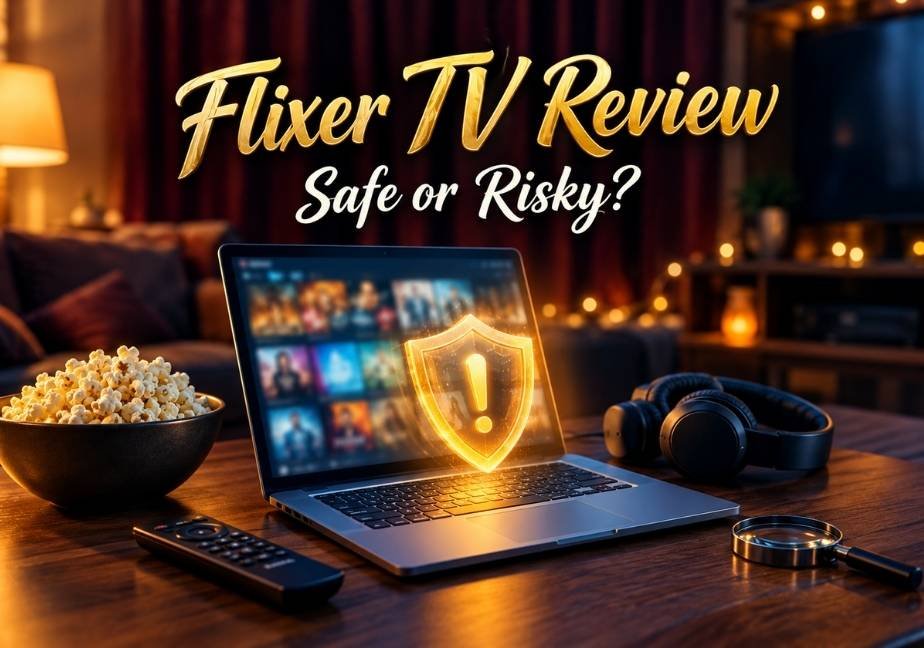 "A photorealistic review banner featuring a glowing laptop with an amber warning shield on a desk, titled 'Flixer TV Review: Safe or Risky?'"