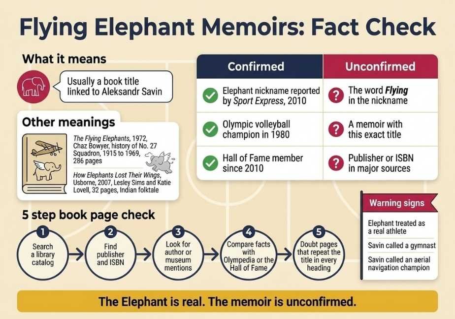 A fact-check infographic titled "Flying Elephant Memoirs" comparing confirmed facts about Aleksandr Savin with unconfirmed claims, related books, and a 5-step verification process.