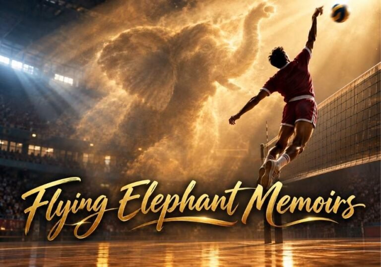 A dynamic sports photo shows a male volleyball player in mid-air, spiking a ball over a net in an indoor arena[cite: 13]. Behind him, a massive image of an elephant is dramatically rendered in explosive golden dust and bright light[cite: 13]. Golden script text at the bottom reads "Flying Elephant Memoirs[cite: 13]."