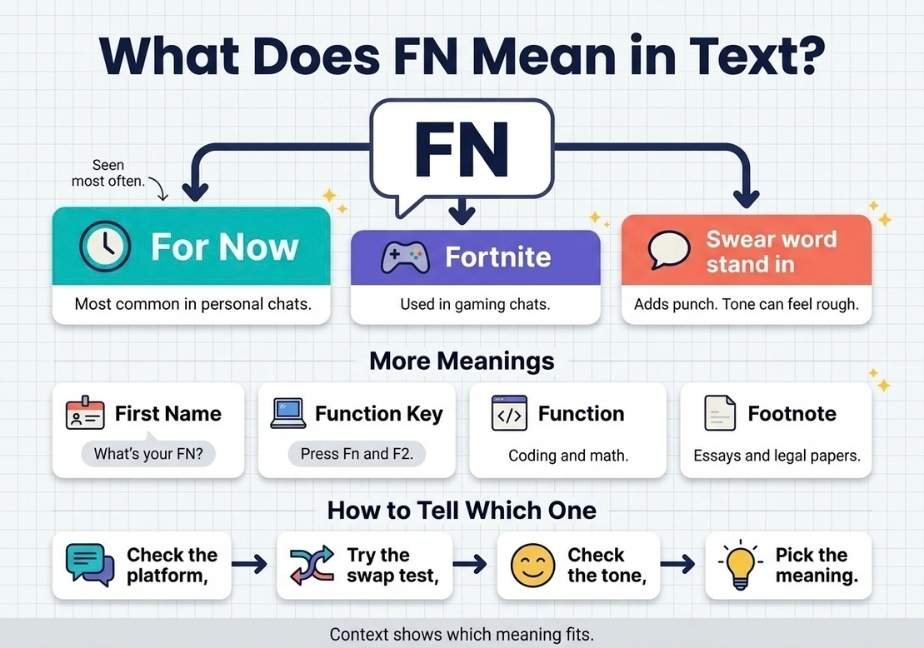 An educational flat-design infographic titled "What Does FN Mean in Text?" outlining primary meanings like "For Now", "Fortnite", and swear word stand-ins, alongside secondary technical definitions and a 4-step context guide.