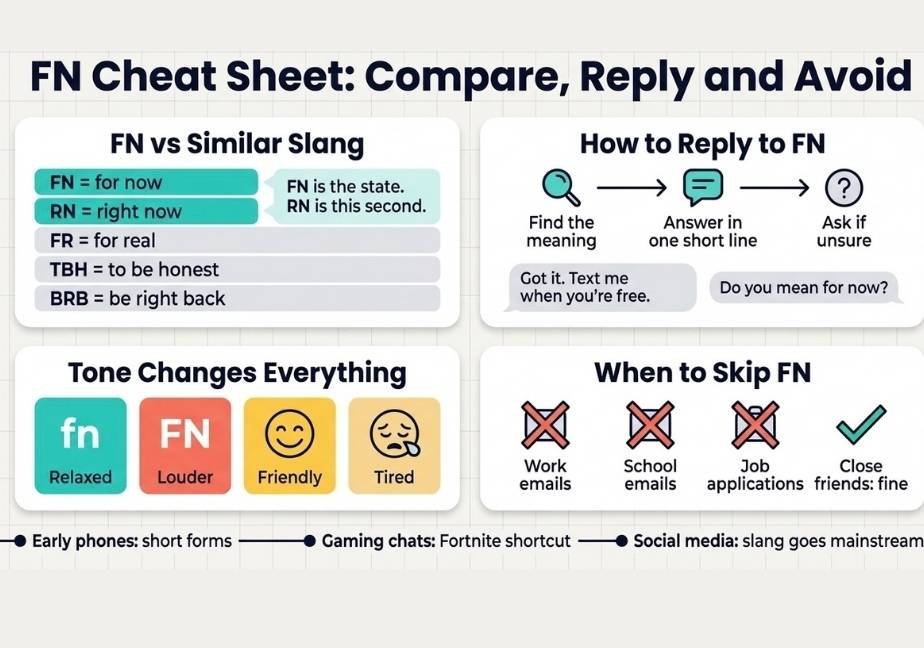 A clean, flat-design reference infographic titled "FN Cheat Sheet: Compare, Reply and Avoid" featuring a 2x2 grid comparing FN to similar acronyms (RN, FR, TBH, BRB), a 3-step reply guide, tone variations, workplace/school etiquette, and a timeline tracking the slang's origins.