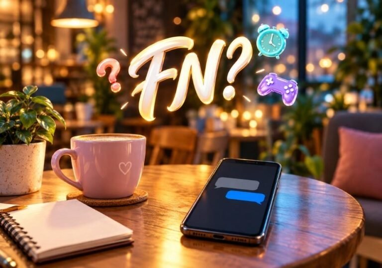 Cozy modern café scene at dusk with a smartphone, pastel mug, notebook, plant, and glowing “FN?” lettering surrounded by colorful 3D icons.