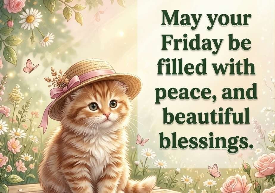 A fluffy, brown tabby baby kitten wearing a tiny straw hat with a pink ribbon sitting on a wooden bench in a garden of daisies and pink roses. The text on the upper right reads: “May your Friday be filled with peace, and beautiful blessings.” The website “tastimer.com” is at the bottom center.