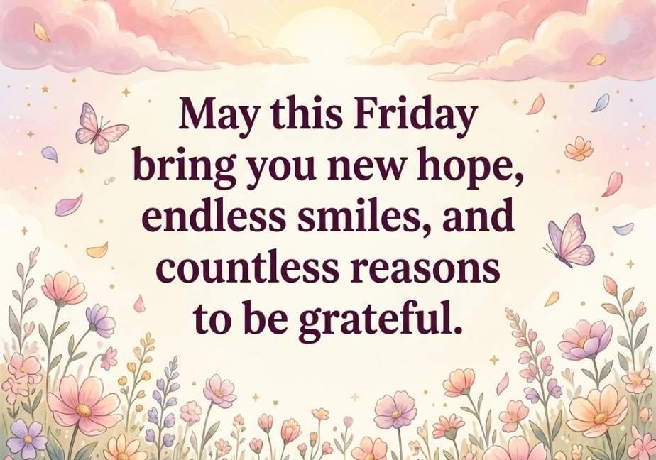 A soft watercolor-style illustration of a meadow filled with pastel wildflowers beneath a warm sunrise and gentle pink clouds with floating butterflies. Text in the center reads: “May this Friday bring you new hope, endless smiles, and countless reasons to be grateful.” The website “tastimer.com” appears at the bottom center.