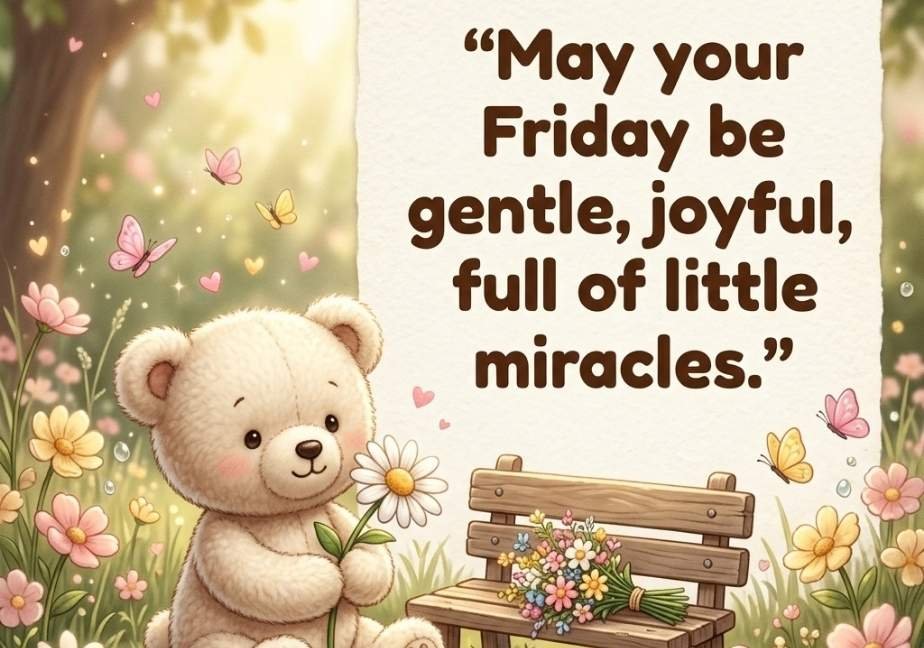 A soft watercolor-style illustration of a meadow filled with pastel wildflowers beneath a warm sunrise and gentle pink clouds with floating butterflies. Text in the center reads: “May this Friday bring you new hope, endless smiles, and countless reasons to be grateful.” The website “tastimer.com” appears at the bottom center.