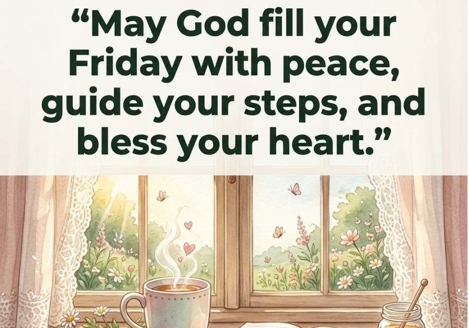 A watercolor scene of a cottage window sill featuring a steaming mug of tea, an open journal, a jar of honey, and daisies with lace curtains and a sunny garden outside. Dark green text in the upper region reads: “May God fill your Friday with peace, guide your steps, and bless your heart.” The website “tastimer.com” is at the bottom.