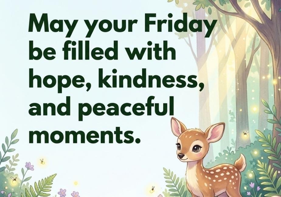 A sweet storybook illustration of a baby fawn standing in a forest clearing surrounded by ferns, mushrooms, and glowing fireflies. Bold forest-green text on the left reads: “May your Friday be filled with hope, kindness, and peaceful moments.” The website “tastimer.com” is centered at the bottom.