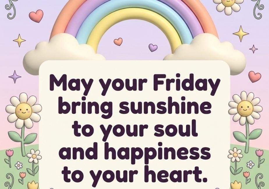 A 3D-style illustration featuring a soft pastel rainbow arching over clouds, smiling daisies, and butterflies. A cream-colored central card displays dark purple text reading: “May your Friday bring sunshine to your soul and happiness to your heart.” The website “tastimer.com” is at the bottom center.