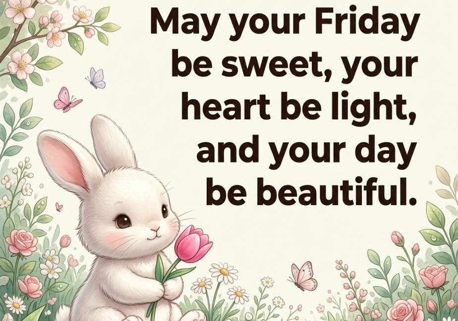 A cute white bunny holding a pink tulip in a lush spring garden surrounded by roses and butterflies. Dark brown text on the upper right reads: “May your Friday be sweet, your heart be light, and your day be beautiful.” The website “tastimer.com” is centered at the bottom.