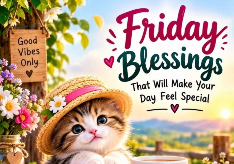 A cute kitten in a straw hat resting its paws on a stack of colorful books that read "Be Happy", "Stay Positive", and "Make It Happen". Beside the kitten is a mug with the blessing "May your Friday be filled with joy, peace and endless blessings", with a wooden sign on a post reading "Good Vibes Only" and large headline text reading "Friday Blessings That Will Make Your Day Feel Special."