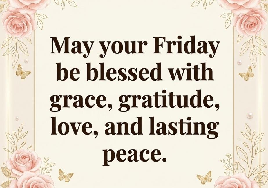 An elegant design featuring delicate watercolor blush roses, gold leaf outlines, and gold butterflies surrounding a soft cream panel. Serif dark brown text in the center reads: “May your Friday be blessed with grace, gratitude, love, and lasting peace.” The website “tastimer.com” is at the bottom.