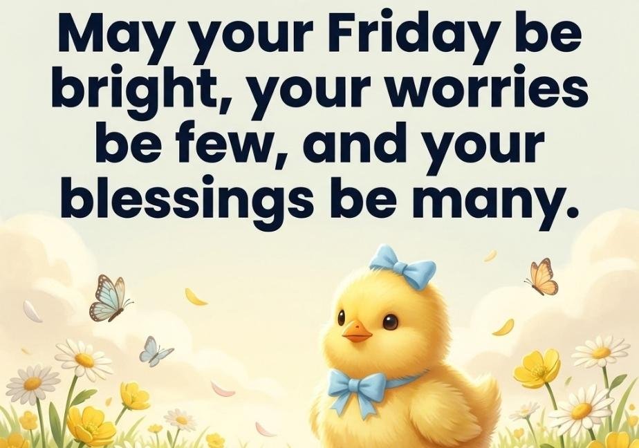 A soft 3D-style illustration of a yellow baby chick wearing a light blue bow, standing in a field of yellow buttercups and daisies. Large dark navy text at the top reads: “May your Friday be bright, your worries be few, and your blessings be many.” The website “tastimer.com” is centered at the bottom
