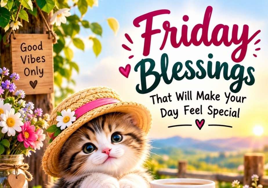 A cute kitten in a straw hat resting its paws on a stack of colorful books that read "Be Happy", "Stay Positive", and "Make It Happen". Beside the kitten is a mug with the blessing "May your Friday be filled with joy, peace and endless blessings", with a wooden sign on a post reading "Good Vibes Only" and large headline text reading "Friday Blessings That Will Make Your Day Feel Special."