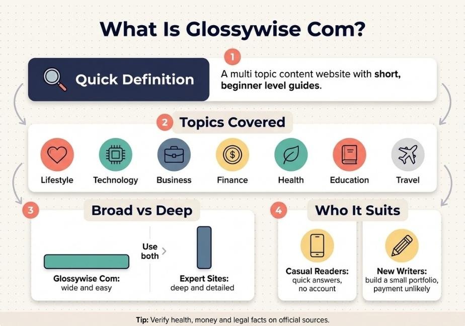A flat design vector infographic on a light off-white dotted background titled "What Is Glossywise Com?"