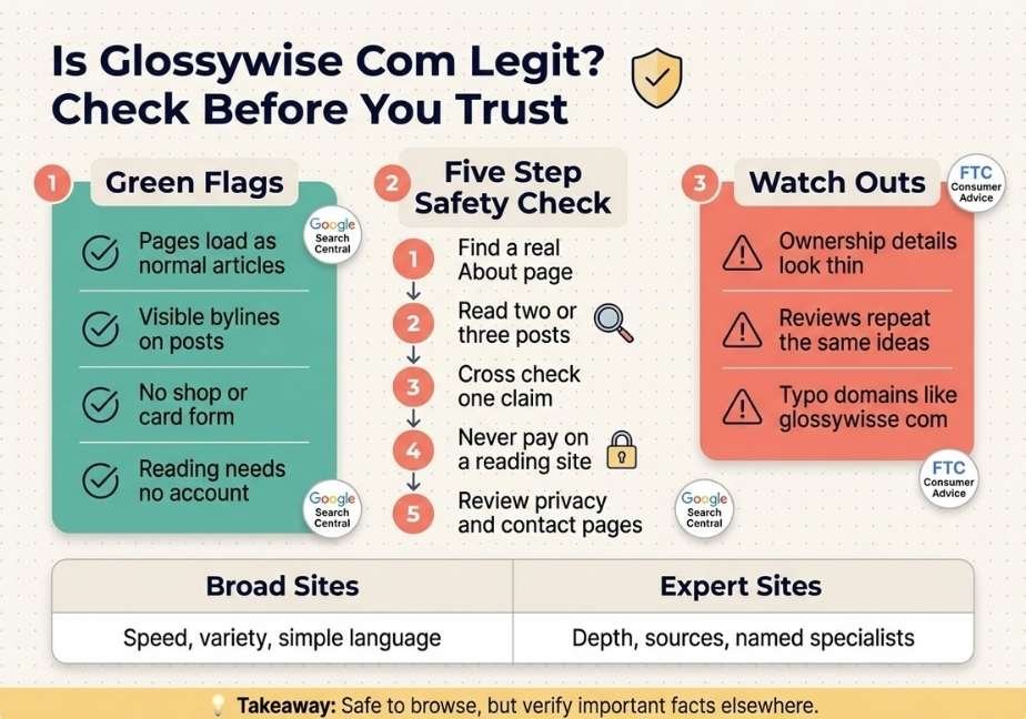 A vector infographic titled "Is Glossywise Com Legit? Check Before You Trust" with a shield icon.