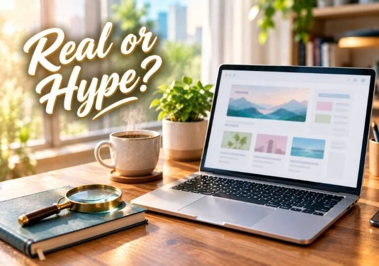 A bright, warm, cozy workspace bathed in natural sunlight from a window. On a wooden desk sits an open laptop displaying a modern grid website layout, a steaming cup of coffee on a wooden coaster, a potted green plant, and a brass magnifying glass lying on a closed blue journal. Styled white handwritten text overlaying the top-left corner reads "Real or Hype?"