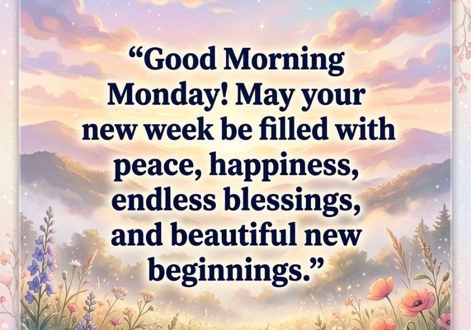 A dreamy pastel mountain sunrise with the blessing: "Good Morning Monday! May your new week be filled with peace, happiness, endless blessings, and beautiful new beginnings[cite: 1]."
