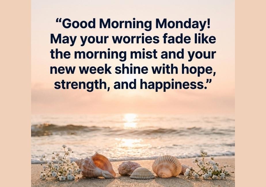 A stunning golden sunrise over a calm ocean with seashells on the beach, displaying the blessing: "Good Morning Monday! May your worries fade like the morning mist and your new week shine with hope, strength, and happiness