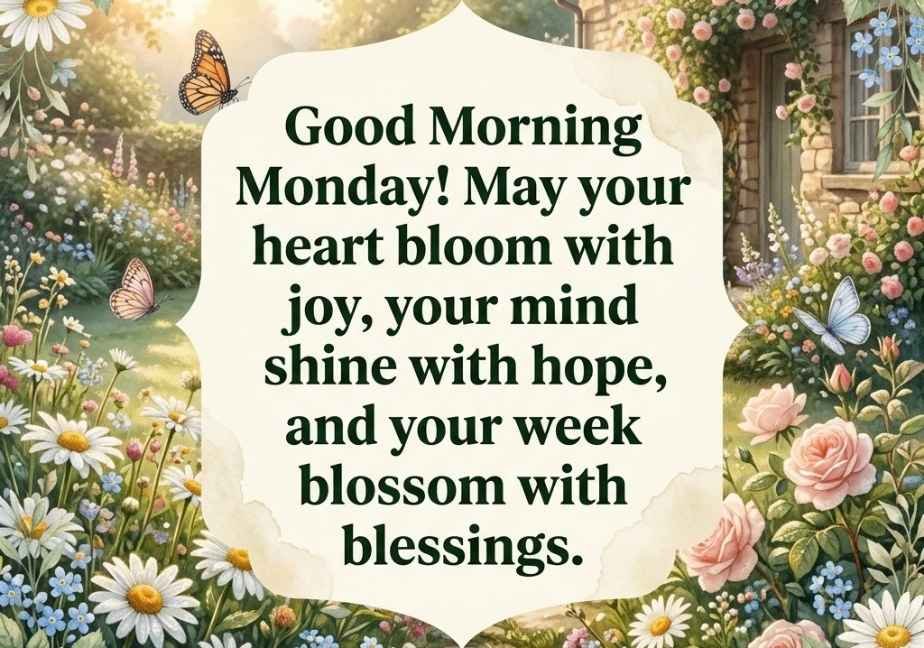 A charming cottage garden with roses and daisies, featuring the blessing: "Good Morning Monday! May your heart bloom with joy, your mind shine with hope, and your week blossom with blessings