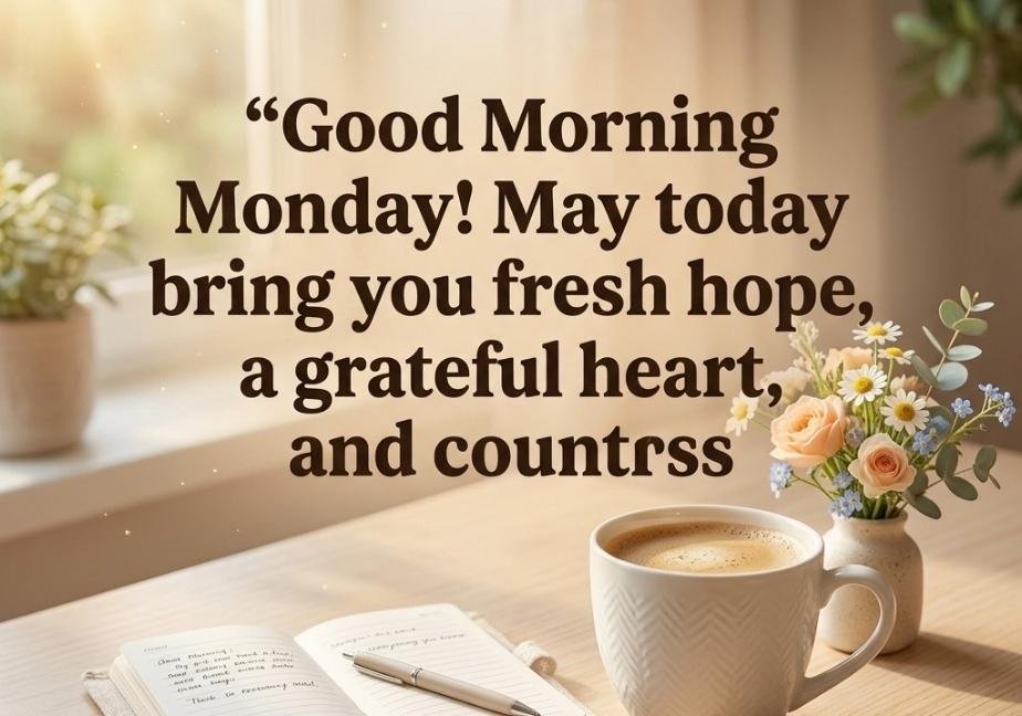 A cozy table setting with a coffee mug and open journal, displaying the blessing: "Good Morning Monday! May today bring you fresh hope, a grateful heart, and countrss" (and countrss reasons to smile)