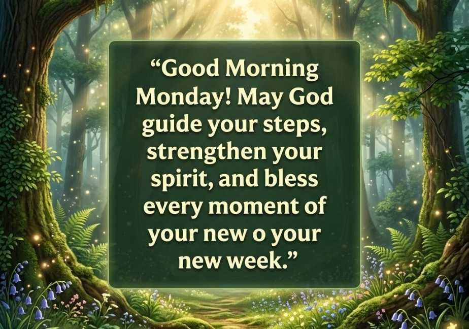 An enchanted forest with golden sunbeams, featuring the blessing: "Good Morning Monday! May God guide your steps, strengthen your spirit, and bless every moment of your new o your new week
