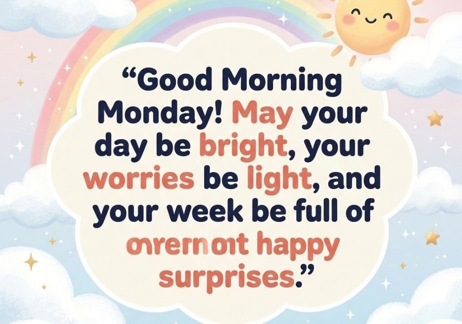A cheerful illustration with a soft pastel rainbow and a smiling sun, presenting the blessing: "Good Morning Monday! May your day be bright, your worries be light, and your week be full of happy surprises