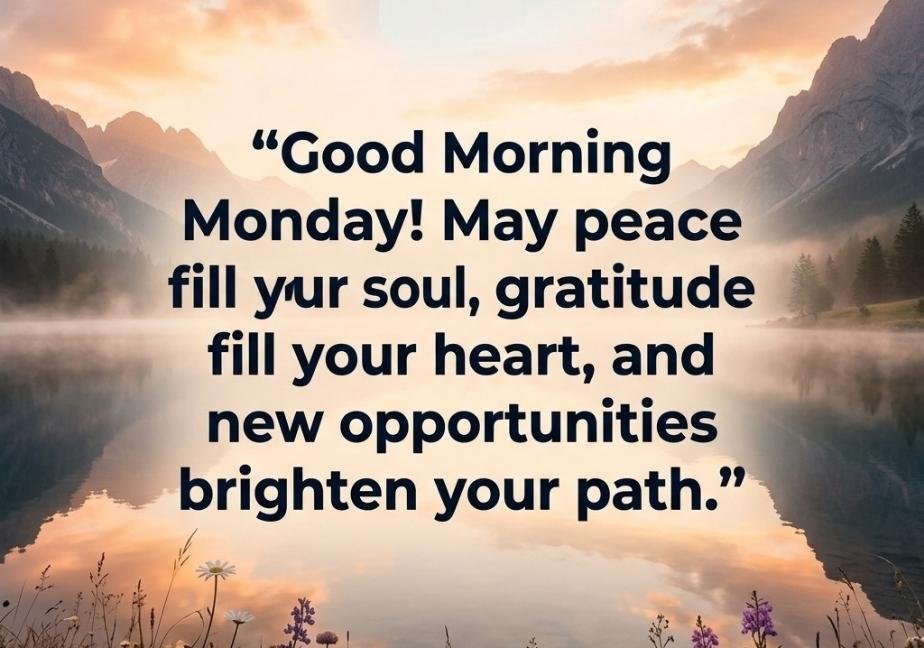 A serene mountain lake at sunrise, featuring the blessing: "Good Morning Monday! May peace fill yur soul, gratitude fill your heart, and new opportunities brighten your path[cite
