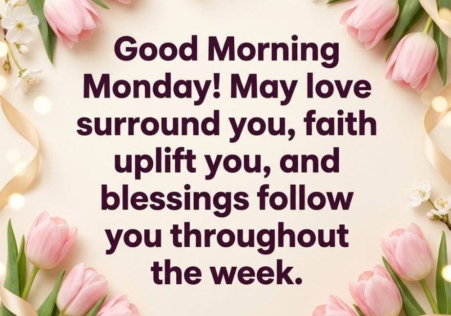 An elegant flat lay of pink tulips and white blossoms surrounding the centered blessing: "Good Morning Monday! May love surround you, faith uplift you, and blessings follow you throughout the week