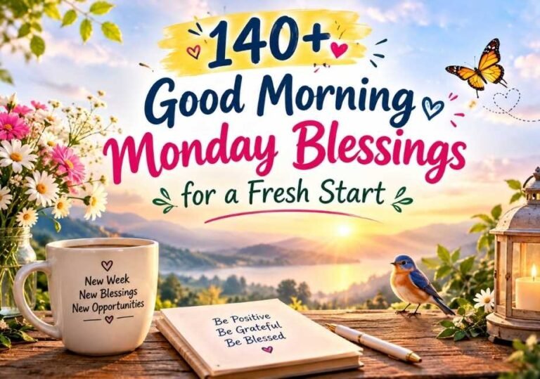"140+ Good Morning Monday Blessings for a Fresh Start" written in decorative lettering over a scenic sunrise landscape. On a wooden table in the foreground sits a coffee mug reading "New Week, New Blessings, New Opportunities," an open journal reading "Be Positive, Be Grateful, Be Blessed," a bluebird, and a lantern.
