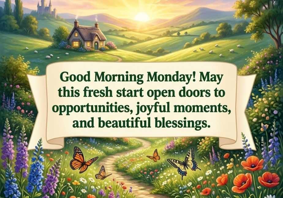 A magical fairytale landscape with rolling green hills and colorful wildflowers, featuring the blessing: "Good Morning Monday! May this fresh start open doors to wonderful opportunities, joyful moments, and beautiful blessings