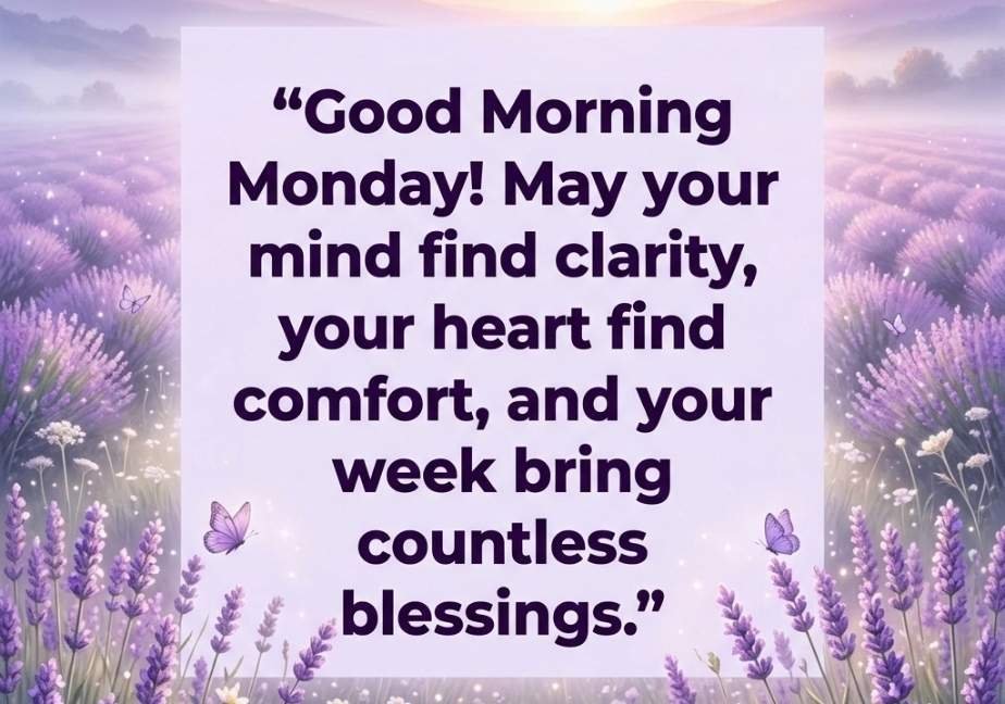 A beautiful lavender field under a lilac sunrise, featuring the blessing: "Good Morning Monday! May your mind find clarity, your heart find comfort, and your week bring countless blessings