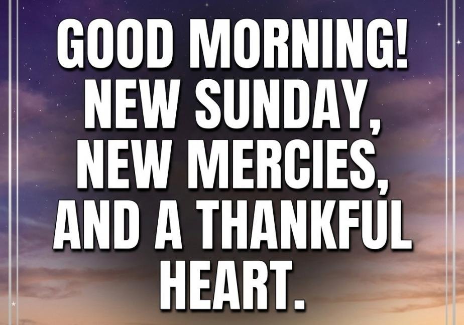 "A twilight sky fading from deep indigo and purple with stars down to a glowing orange horizon, framed by a delicate silver-white border. Large white capital letters read 'GOOD MORNING! NEW SUNDAY, NEW MERCIES, AND A THANKFUL HEART.' with 'tastimer.com' at the bottom."