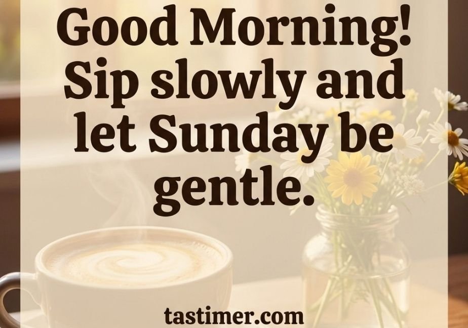 "A cozy morning scene viewed through a translucent cream overlay, featuring a mug of coffee and a small vase of flowers sitting near a window with warm sunlight. In bold dark brown text, the center reads 'Good Morning! Sip slowly and let Sunday be gentle.' with 'tastimer.com' at the bottom."