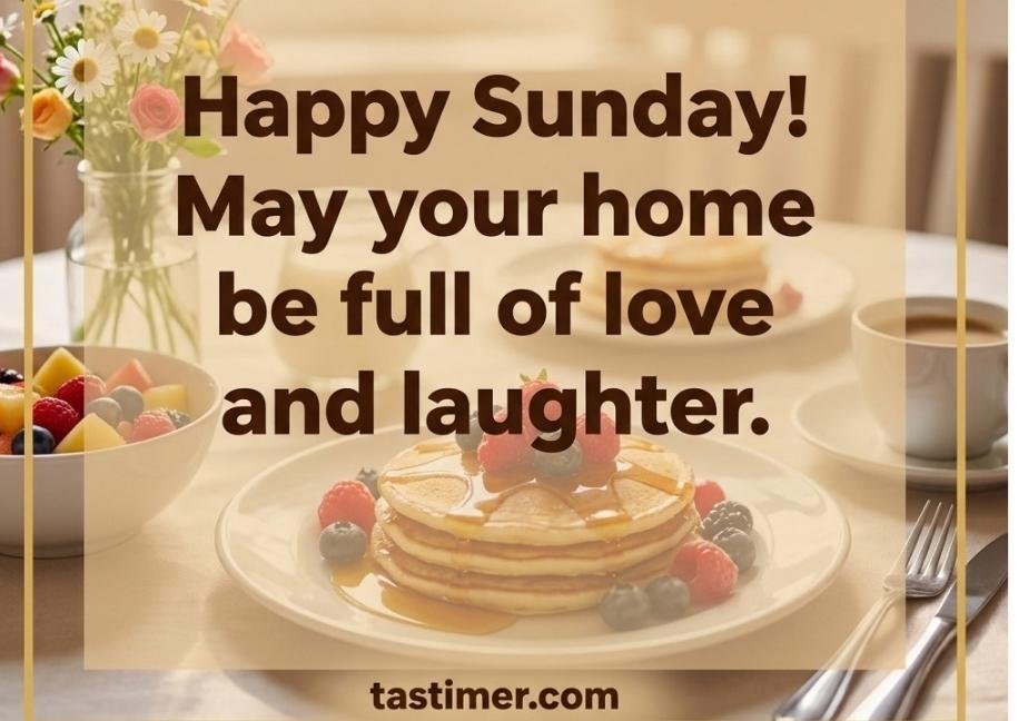"A warm, blurred background showing a Sunday breakfast spread with pancakes, fruit, and flowers on a table. In dark brown lettering against a beige overlay, it reads 'Happy Sunday! May your home be full of love and laughter.' with 'tastimer.com' centered at the bottom."