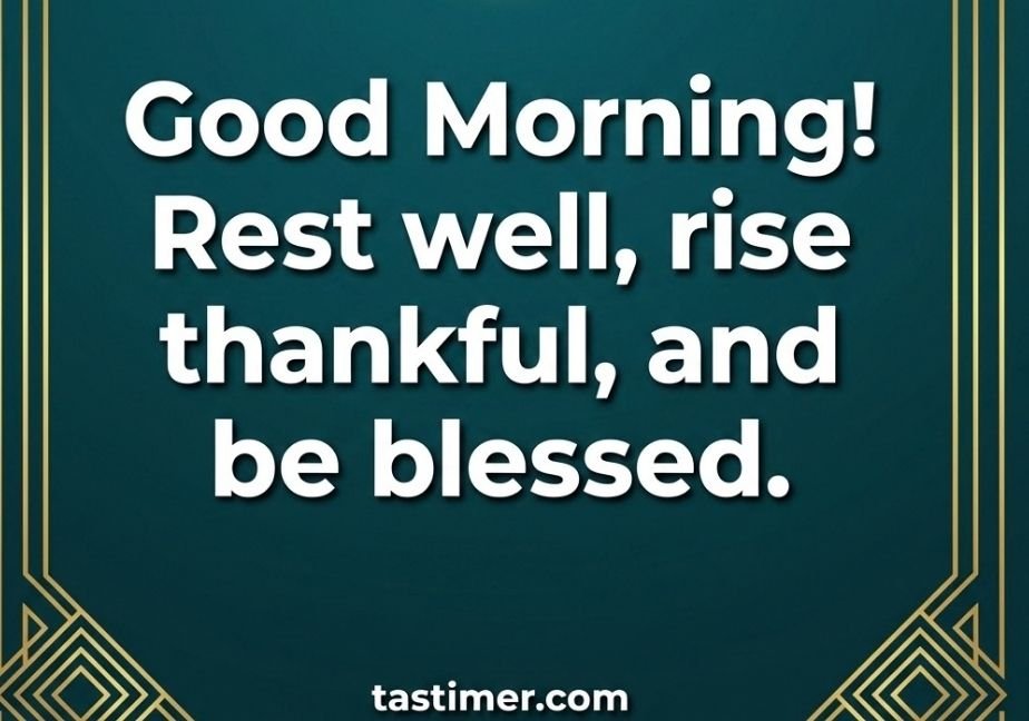 "A deep teal graphic design featuring intricate gold geometric borders and a small glowing sun icon at the top. Bold white text in the center reads 'Good Morning! Rest well, rise thankful, and be blessed.' with 'tastimer.com' written at the bottom center."